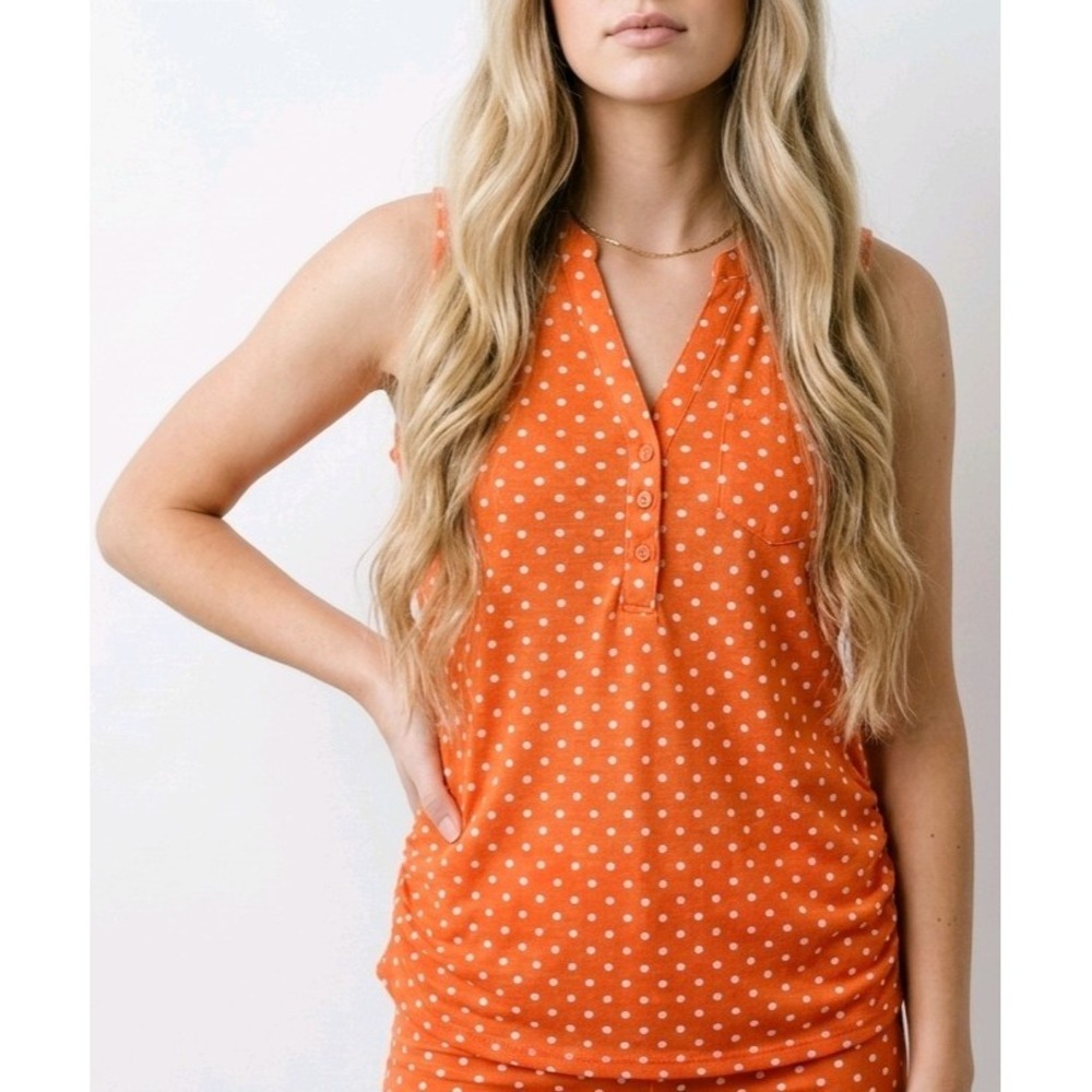 Vtg Y2K French Laundry Orange Polka Dot Tank Top Sz L Ruched Sides Playful Retro